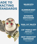 Auto Changeover RV Propane Regulator With Dual Cylinder System 160000 BTU Capacity and aluminum body shown