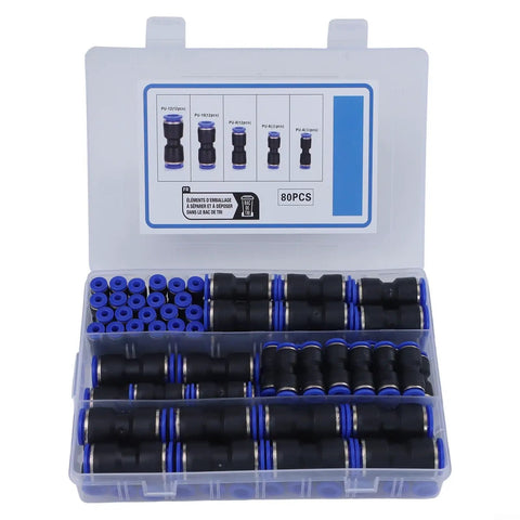 80 Piece Straight Push Pneumatic Tube Fitting Kit With Release Rings For High Pressure Plumbing And Industrial Systems Up To 1.5 Mpa And Quick Connects, black plastic fittings in case