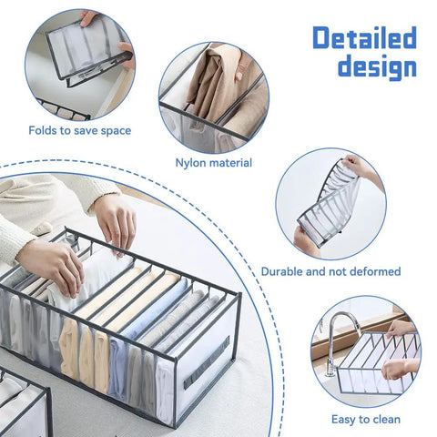 Six Piece Extra Large Closet Organizer And Storage Set For Shirts Jeans Sweaters T Shirts Leggings Undergarments Skirts And More shown with nylon material and detailed design features