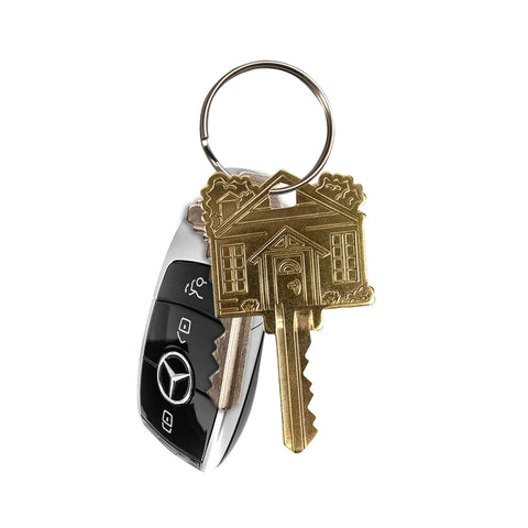 Brass house key with ADA friendly large head for easy grip, engraved home design, germ resistant brass, durable build