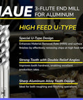 Carbide Square End Mill 3 Flute One Eighth Inch High Feed U Type Design For Roughing And Finishing Aluminum Milling Copper Alloys