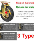 Heavy Duty Rubber Caster Wheels 4 Pack, 10 Inch Swivel Plate Casters With Brakes, shown with instructions for brake operation.