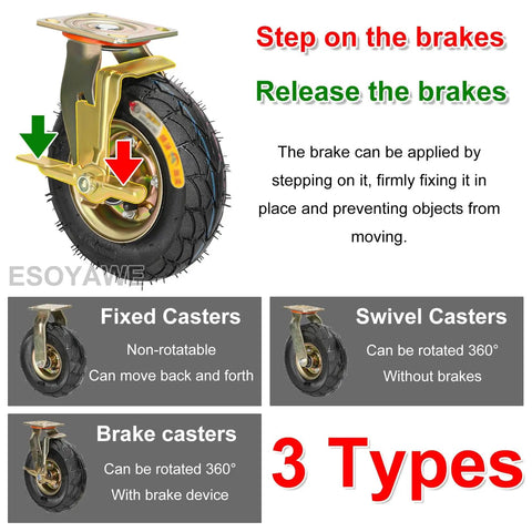 Heavy Duty Rubber Caster Wheels 4 Pack, 10 Inch Swivel Plate Casters With Brakes, shown with instructions for brake operation.