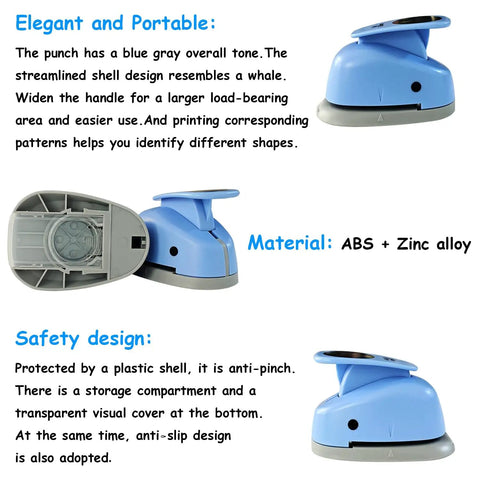XL 3 Inch Circle Punch For Paper Crafts And Scrapbooking Easy To Use Spring Action Lever Cutter, blue whale-shaped design with safety features shown.