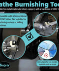 Entry Series Roller Burnishing Tool for Lathe Three Eighths Inch By Three Eighths Inch By Two Inch Light Duty Surface Finishing Tool Compact Lightweight Design With Smooth Rolling Action For Tiny Shops And Training Use in use on a metal lathe, not suitable for non-metallic materials.