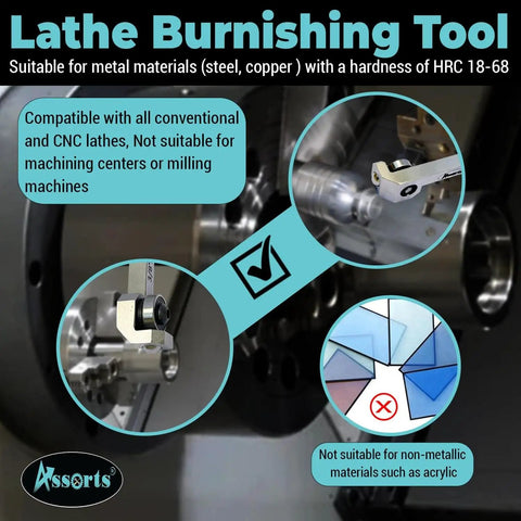 Entry Series Roller Burnishing Tool for Lathe Three Eighths Inch By Three Eighths Inch By Two Inch Light Duty Surface Finishing Tool Compact Lightweight Design With Smooth Rolling Action For Tiny Shops And Training Use in use on a metal lathe, not suitable for non-metallic materials.