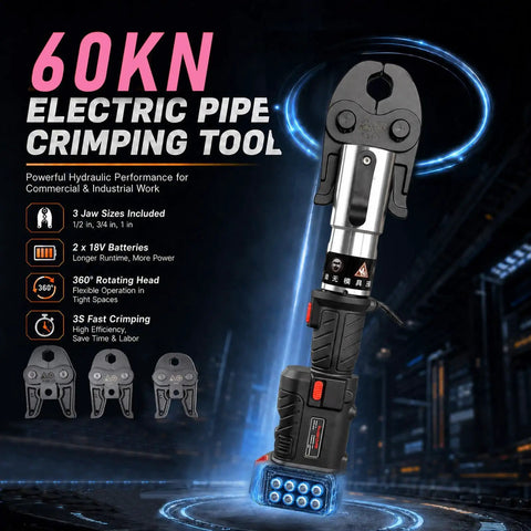 60KN Electric Pipe Crimping Tool with rotating head, highlighting three jaw sizes and battery for professional use.