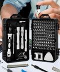 Open portable case showing All In One Precision Screwdriver Kit With 98 Bits And 17 Attachments For Electronics Repair