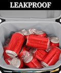 Insulated Picnic Backpack Lunch Box For Women And Men Portable Go To Cooler Tote filled with red soda cans and ice, leakproof inside