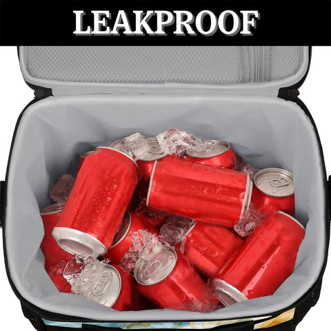 Insulated Picnic Backpack Lunch Box For Women And Men Portable Go To Cooler Tote filled with red soda cans and ice, leakproof inside