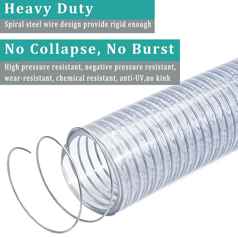 Close-up of clear PVC spiral steel reinforced flexible hose 1.5 inch ID, 5 feet long, showing spiral design and rigidity features.