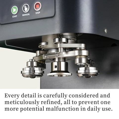 Close-up of the mechanism of the Heavy Duty Commercial Electric Can Sealer For 5.5 Inch Aluminum And Plastic Beverage Cups.