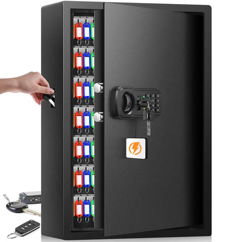 Open 144 Key Safe Cabinet Fireproof Lock Box With Key Tags, heavy duty wall-mount organizer showing keys inside.