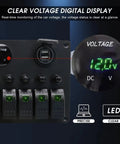 Close-up of 8 Gang Rocker Switch Panel With 15A Reset Circuit Breaker, All In One Dual USB Charger 2.1A, LED Voltmeter