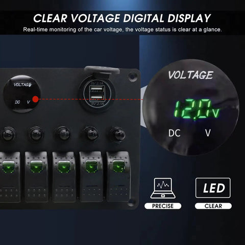 Close-up of 8 Gang Rocker Switch Panel With 15A Reset Circuit Breaker, All In One Dual USB Charger 2.1A, LED Voltmeter