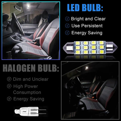 Comparison of car interior lighting with Car LED Bulb Kit 24 Pack For Interior Dome Map Lights Trunk And License Plate, showing clear LEDs
