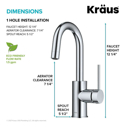 Diagram of Oletto Single Handle Kitchen Bar Faucet In Chrome Finish, 12 1/4 Inch Height with QuickDock installation details.