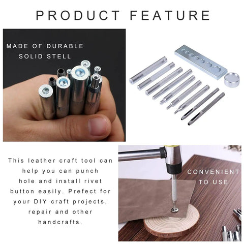 Close-up view of Snap Rivet Setter Kit 11 Piece Set With 7 Snap Fastener Tools Leather Hole Punch 2.5mm And 3mm Base And Mini Anvil Durable Steel