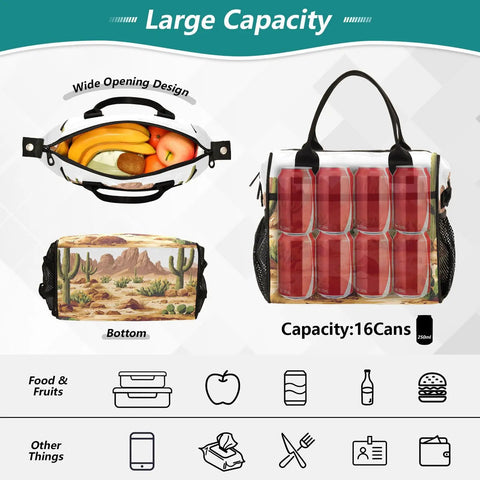 Desert Cactus Handle Insulated Lunch Bag Reusable Cooler With Adjustable Detachable Shoulder Strap, showing capacity and design.