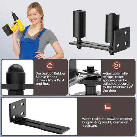 Heavy Duty Sliding Gate Roller Bracket Kit With L Rear Post Steel Bracket For Sliding Rolling Gates Garage Doors Wood And Fence Gates Solid 6mm Thick Support Black 2 Pack 4 Inch With Durable Rollers displayed with features and a person holding a drill