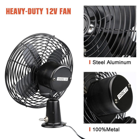 12V Heavy Duty 8 Inch Metal Fan For RV Truck Bus Boat Forklift Car Camper Lawn Mower Tractor Cooling With Two Speed Black
