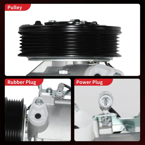 Built Tough Direct Swap Air Conditioning Compressor With Clutch Assembly For Subaru Forester Impreza Crosstrek showing pulley, rubber plug, and power plug details.