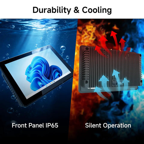 Built Like A Tank 10.1 Inch Industrial Panel PC Featuring 10 Point Capacitive Touch Screen with IP65 and silent cooling design.