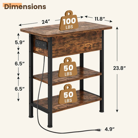 End Table With Charging Station And USB Ports, Flip Top Side Table With Two USB Ports And One AC Outlet, Three Tier Small Storage Table For Small Spaces, The Ultimate Space Saver For Your Living Room Or Bedroom, Brown Finish with dimensions