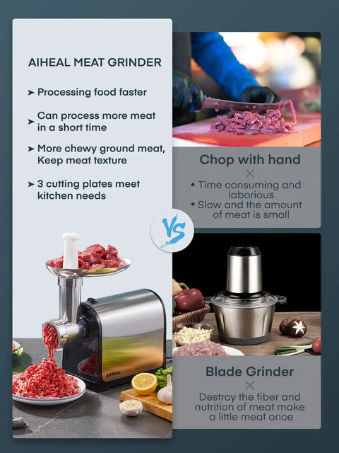 Comparison of Heavy Duty Electric Meat Grinder With Sausage Stuffer Kit 3200W Peak 300W Rated and manual chopping.
