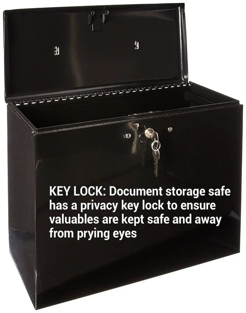 Secure Doc Box With Privacy Key Lock, Heavy Duty Steel Build, Large Capacity For Home Or Office, open top view showing lock and keys
