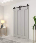 Heavy Duty Bi-Fold Barn Door Hardware Kit For Four Doors With Side Mounted Rollers Smooth Quiet Sliding Easy To Install Hinges Included To Create One Bi-Fold Door No Doors Included 51 Inch Span Built To Last Beefy Steel Track installed in modern living room