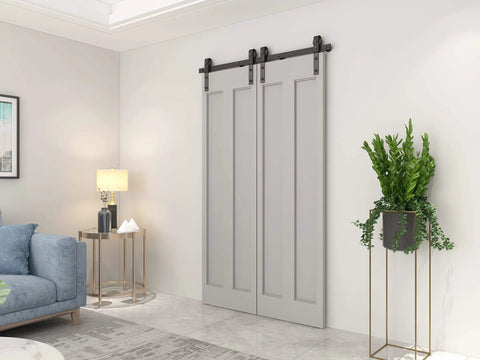 Heavy Duty Bi-Fold Barn Door Hardware Kit For Four Doors With Side Mounted Rollers Smooth Quiet Sliding Easy To Install Hinges Included To Create One Bi-Fold Door No Doors Included 51 Inch Span Built To Last Beefy Steel Track installed in modern living room
