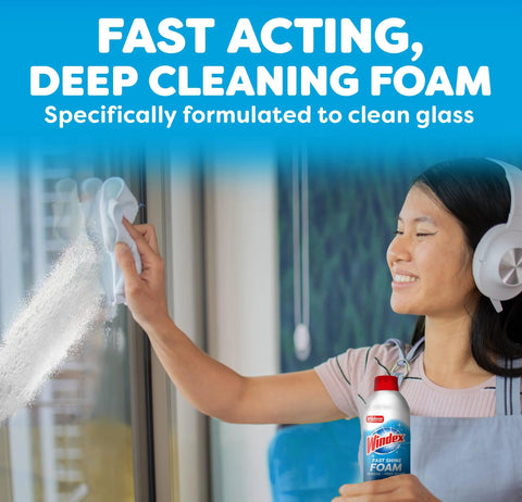Windex Fast Shine Foam Glass Cleaner spray bottle, white bottle with blue label and red cap, pack of 2.