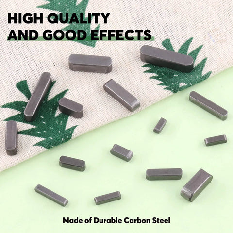 Front view of a 140-piece carbon steel feather key set for drive shafts, round-ended, sizes 8–30 mm.