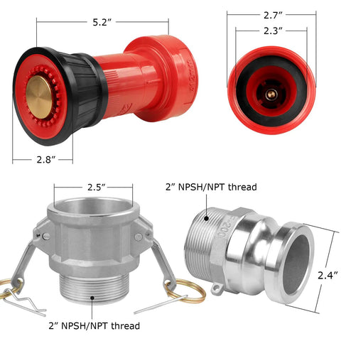 Heavy Duty 2 Inch NPSH Fire Hose Nozzle With Constant Flow Fog Thermoplastic Body Brass Stem Aluminum Camlock Fittings