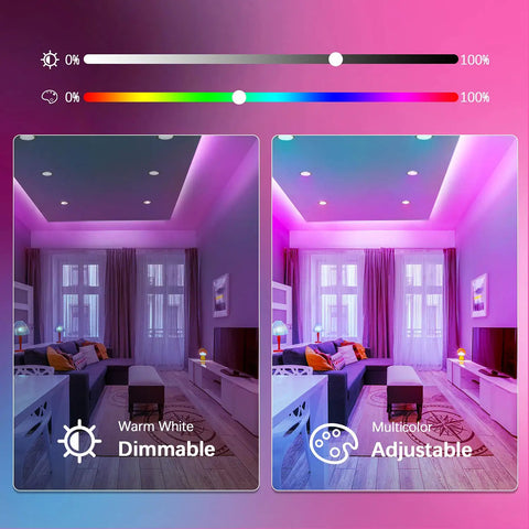 Six Inch 15W RGBCW Bluetooth Recessed Downlight Kit, showing dimmable warm white and multicolor adjustable lighting scenes.