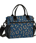 Horseshoe Insulated Lunch Box With Lightning Bolt Design, Keeps Meals Fresh On The Go, Durable Nylon Exterior With Pearl Cotton Insulation, Spacious Small Or Medium Size For Work Or School, Easy To Clean And Carry All Day. Blue horseshoe insulated lunch bag with black straps and shoulder strap