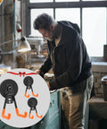 Heavy Duty Magnetic Hook Set Three Pack with Double Hanging Design for Garage Tools, shown with a person in a workshop.