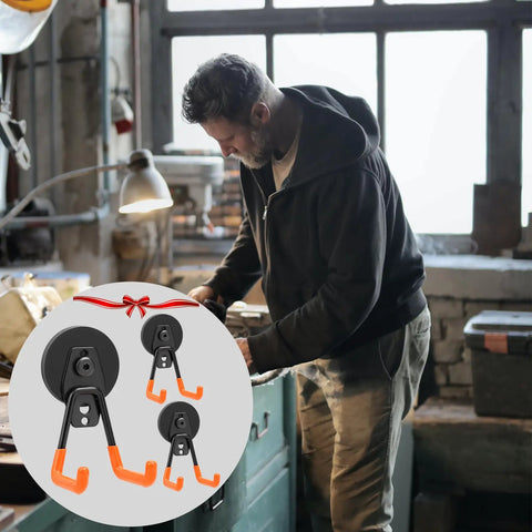 Heavy Duty Magnetic Hook Set Three Pack with Double Hanging Design for Garage Tools, shown with a person in a workshop.
