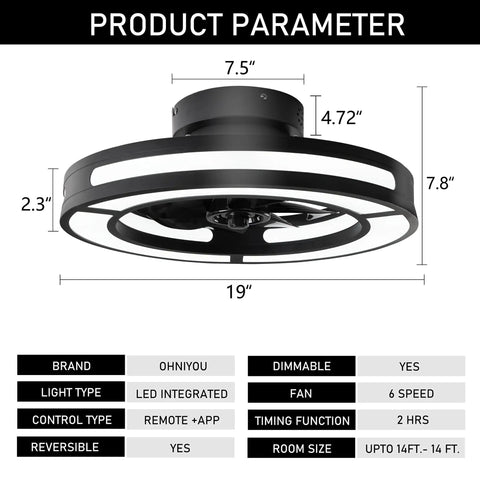Dimensions of Compact 19 Inch Ceiling Fan With Lights And Smart App Control, Remote Included, Low Profile Flush Mount, Quiet DC Motor