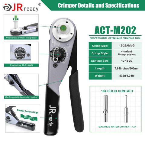 ACT M202 crimp tool for Deutsch DT Connector Kit IP68 Waterproof, handles 12 to 22 AWG with specifications shown.