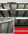 Detailed view of beam reinforcement on Solid As A Rock Stainless Steel Workbench With Dual Tier Shelves for durability.