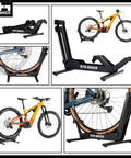 Heavy Duty Bike Floor Stand Steel Rack for E Bikes and Mountain Bikes up to 66 lbs Fits 26-29 Inch Wheels Tires up to 2.8 Inch Stable Garage Storage with a bike displayed.