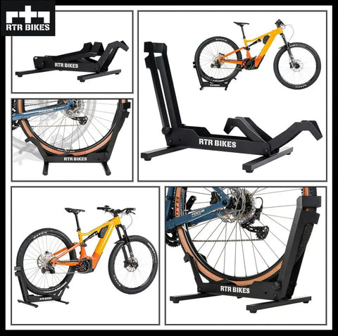 Heavy Duty Bike Floor Stand Steel Rack for E Bikes and Mountain Bikes up to 66 lbs Fits 26-29 Inch Wheels Tires up to 2.8 Inch Stable Garage Storage with a bike displayed.