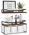 Floating Shelves With Wire Storage Basket Over Toilet Unit In Dark Brown Wood Wall Shelves for Bathroom with Guardrail and Basket