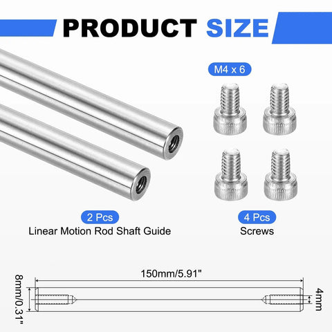 Two Pack Linear Motion Rod Guides 8mm By 150mm Drop In Ready Chrome End Hardened Hollow Steel Shafts With 4mm Inner Hole And M4 Screws