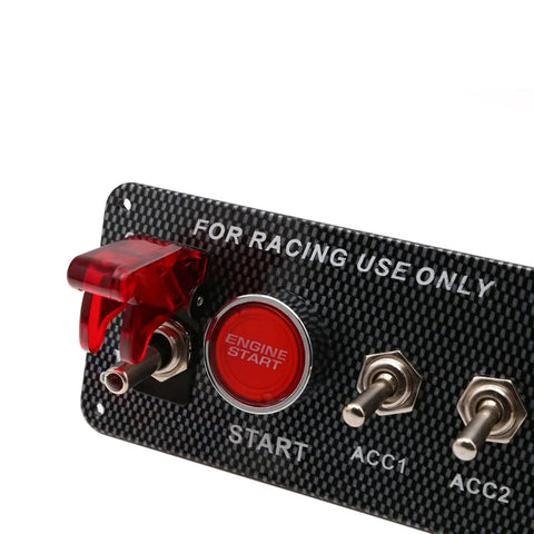 12V DC 5 In 1 Car Ignition Switch Panel Kit With Engine Start Push Button LED Toggle Switches Carbon Fiber Finish For Racing Cars