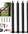 Heavy Duty Four Pack Deck Cable Railing Kit With 164 Foot Stainless Wire Rope Invisible Connectors Complete Hardware showcasing four black steel posts.