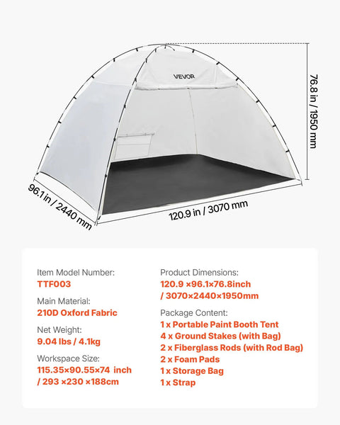 Portable Paint Booth Tent With Built In Floor And Mesh Screen Huge 115.35 By 90.55 By 74 Inch Spray Shelter dimensions shown