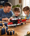 Family assembling Rescue Helicopter Building Set for Adults and Aviation Nerds, Large Military Model Kit on table.